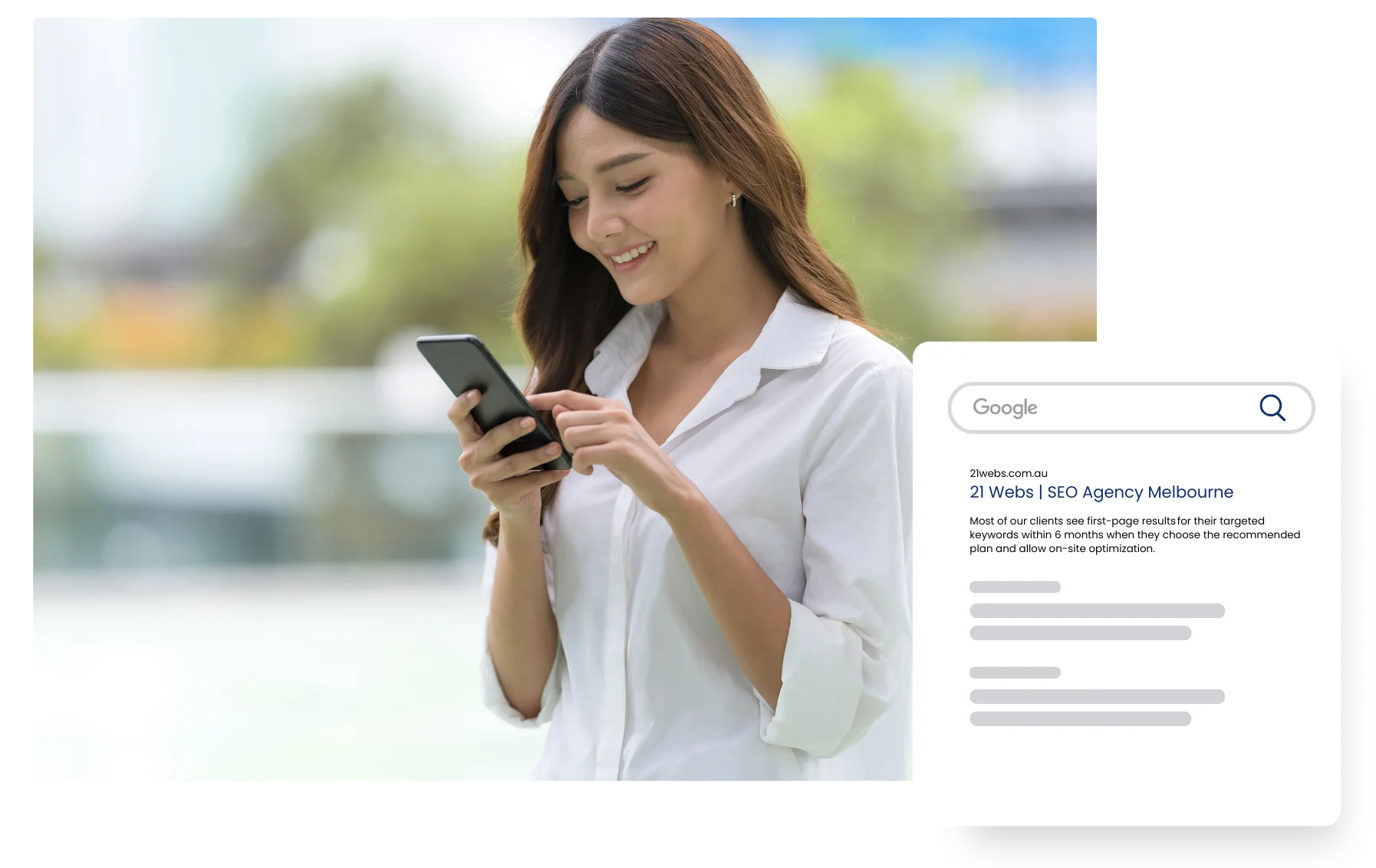 Girl holding a Phone Smiling | Google Search of 21 Webs | SEO Agency Melbourne