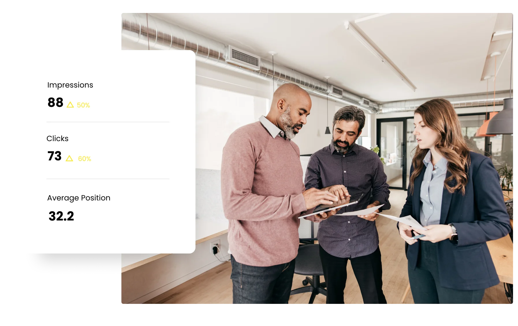 Three SEO Team Members discussing SEO Analytics | Clicks, Impressions and Average Position